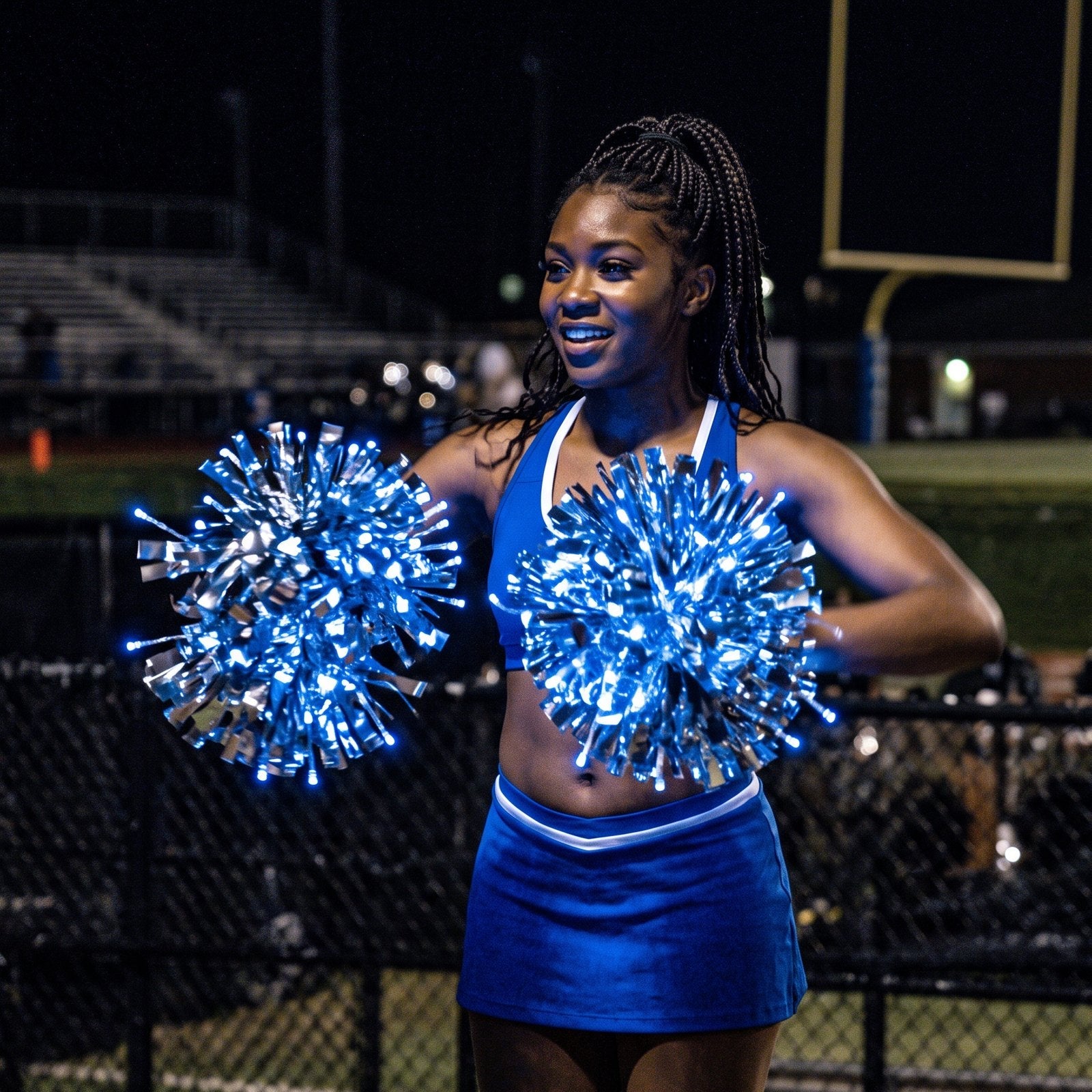 Cheerleader on the sideline at a Friday night football game holding blue light-up pom poms