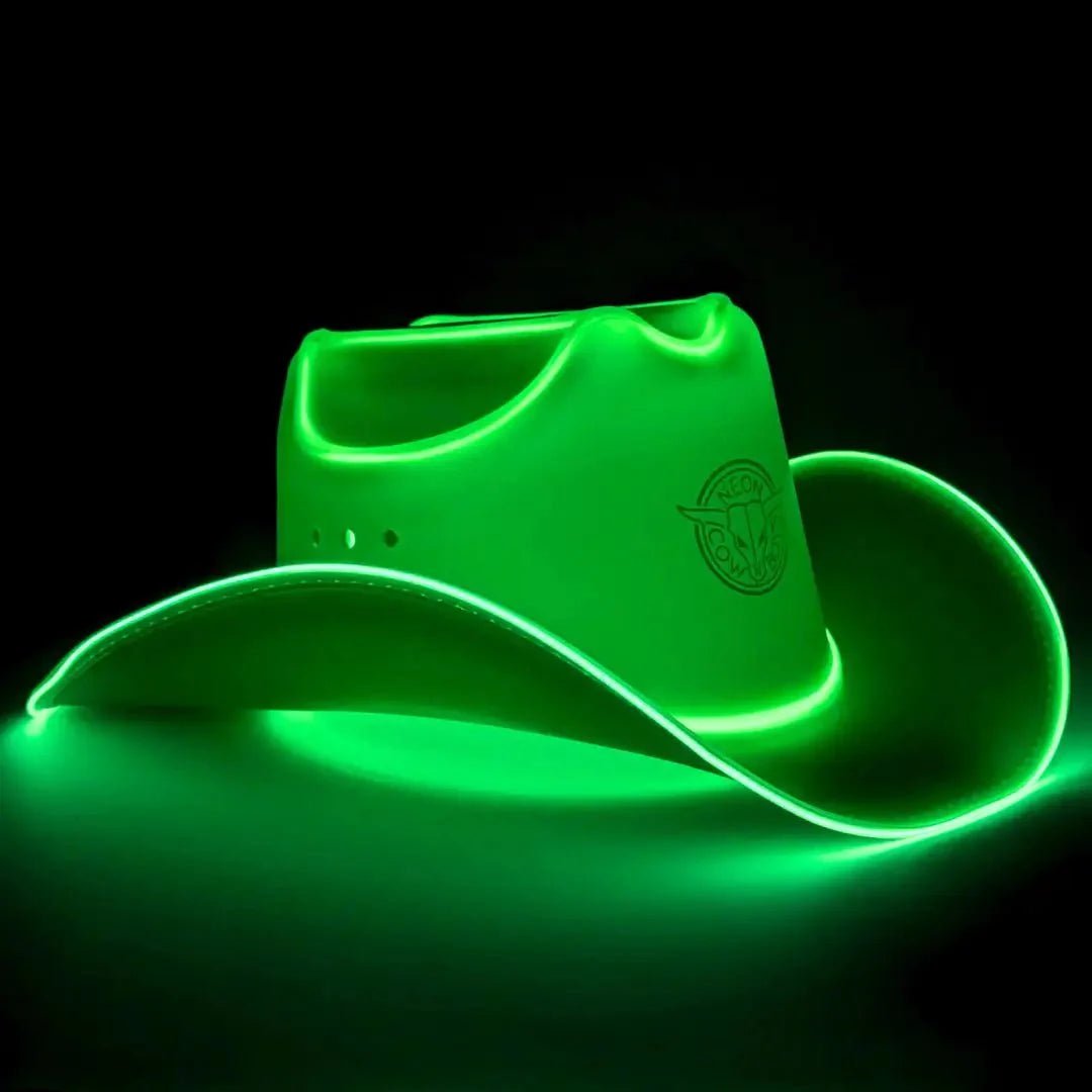 Green Light Up Neon Cowboys Hat - LED Western Hat - EDM Festival Concert Headwear Sporting Events Football Games & Tailgating