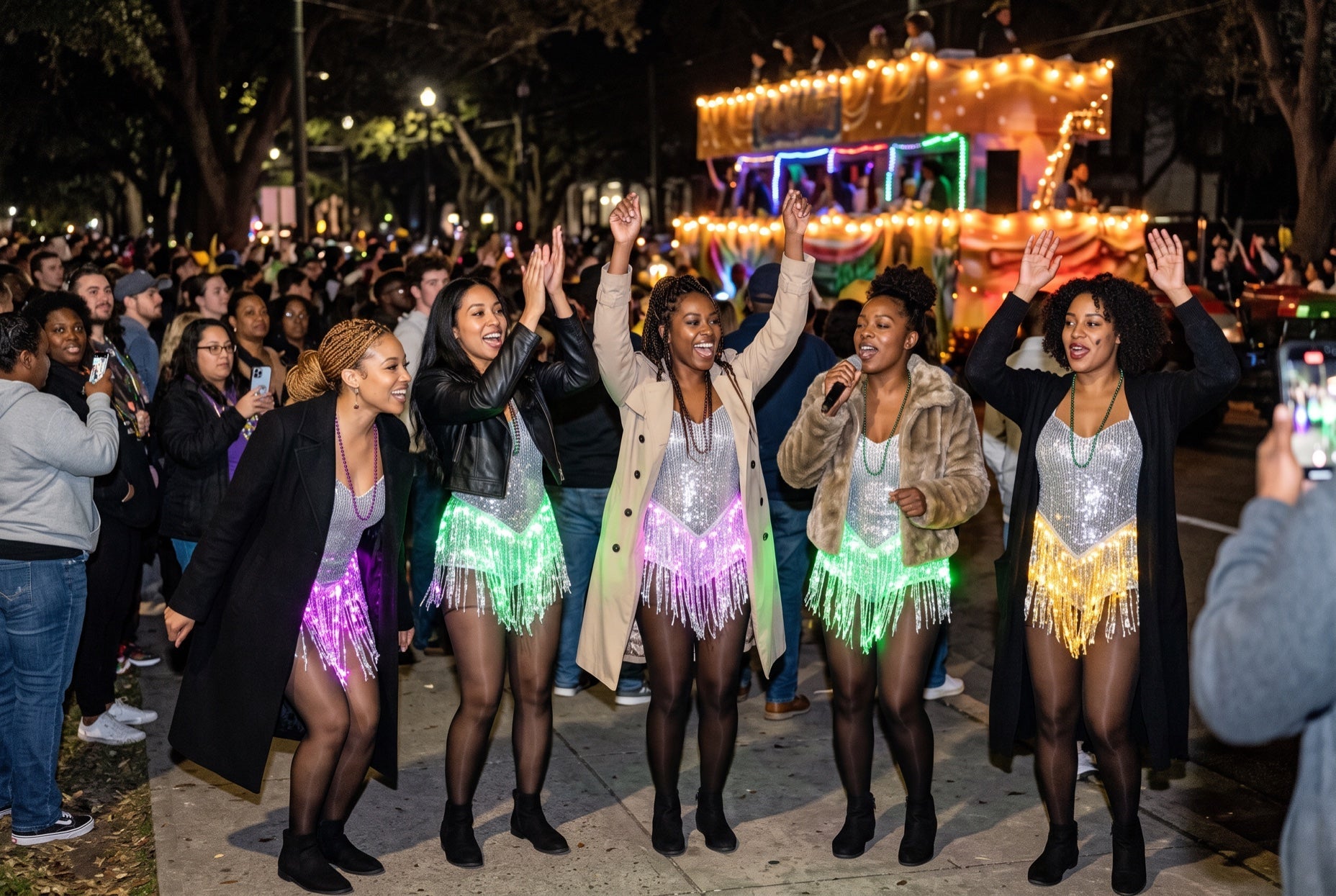 Friends in glowing purple, green and gold LED fringe sequin bodysuits and coats at a Mardi Gras night parade