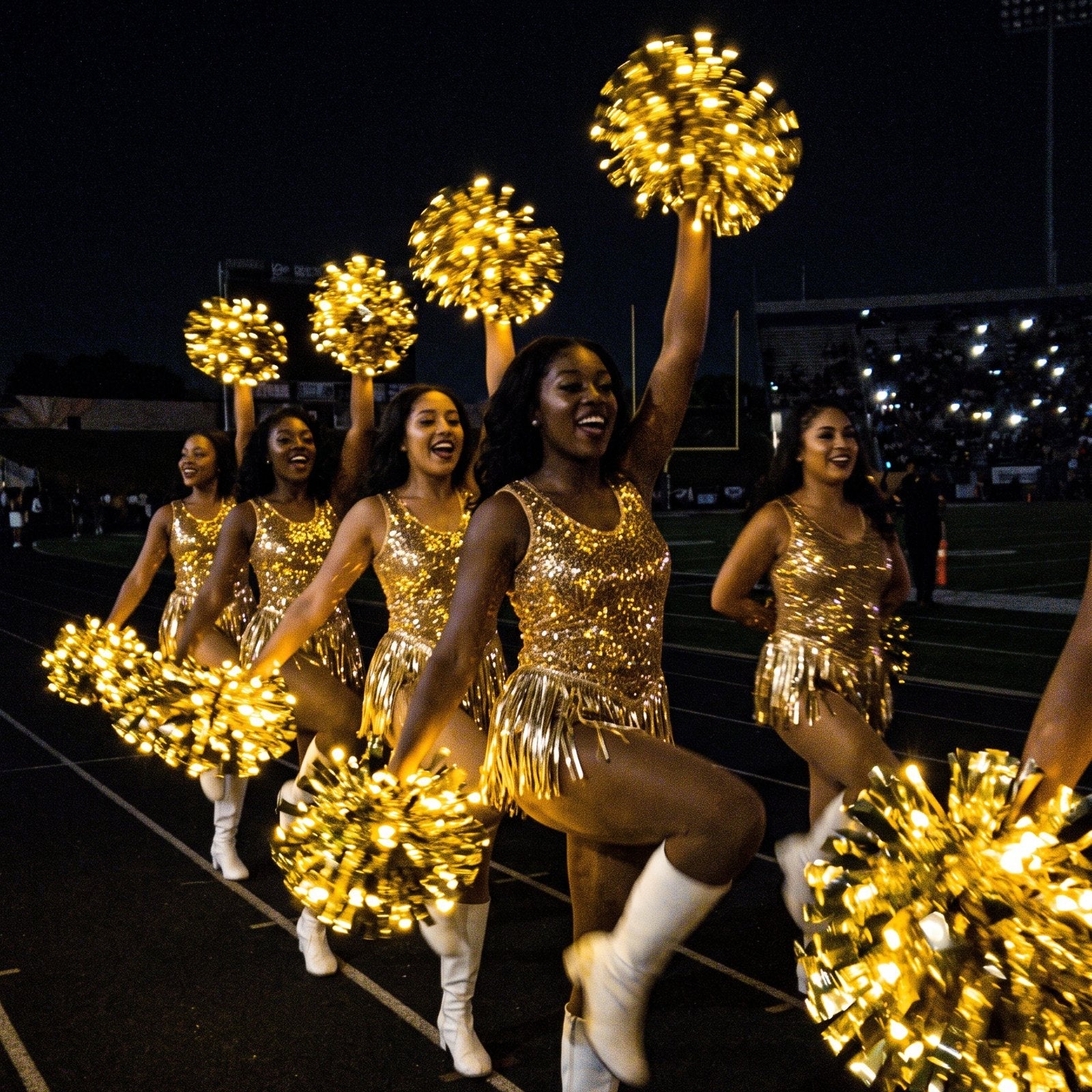 Majorette pom poms in gold LED: a majorette line high-steps the track during a stadium light show