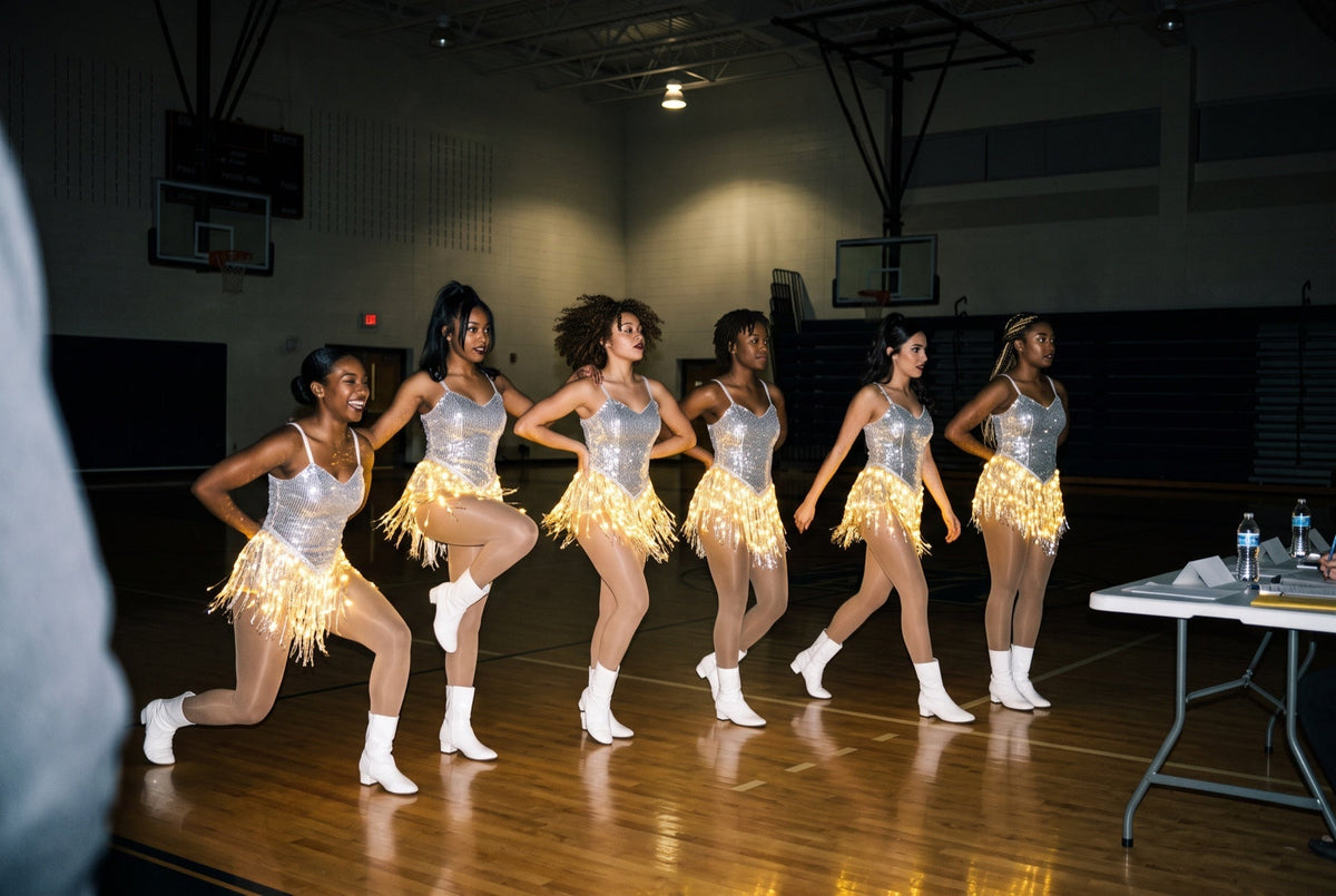 Light up LED fringe dresses glowing gold on a majorette dance line in white boots at evening tryouts