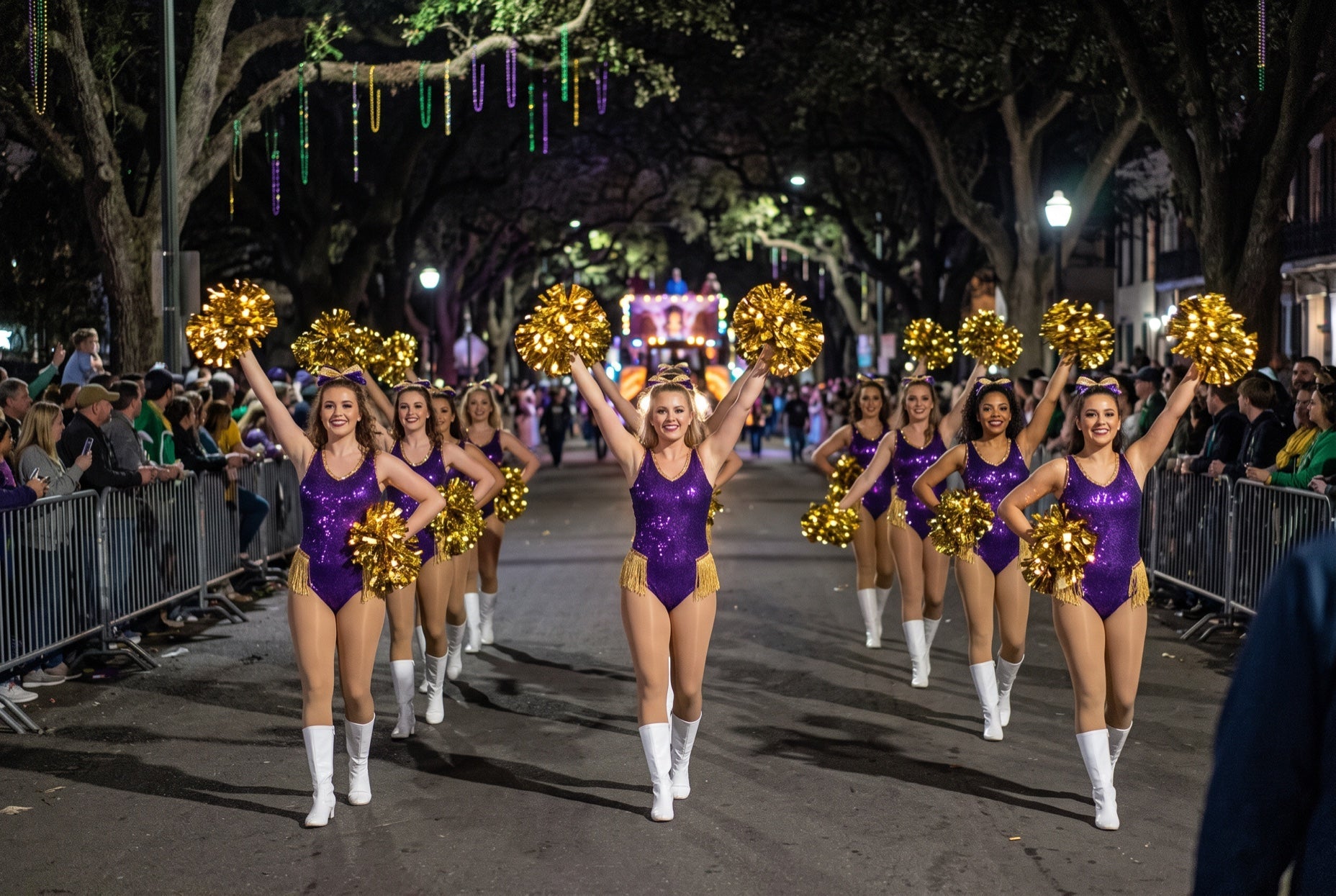 Mardi Gras dance krewe marching a night parade route with glowing gold LED light-up pom poms under the oak trees
