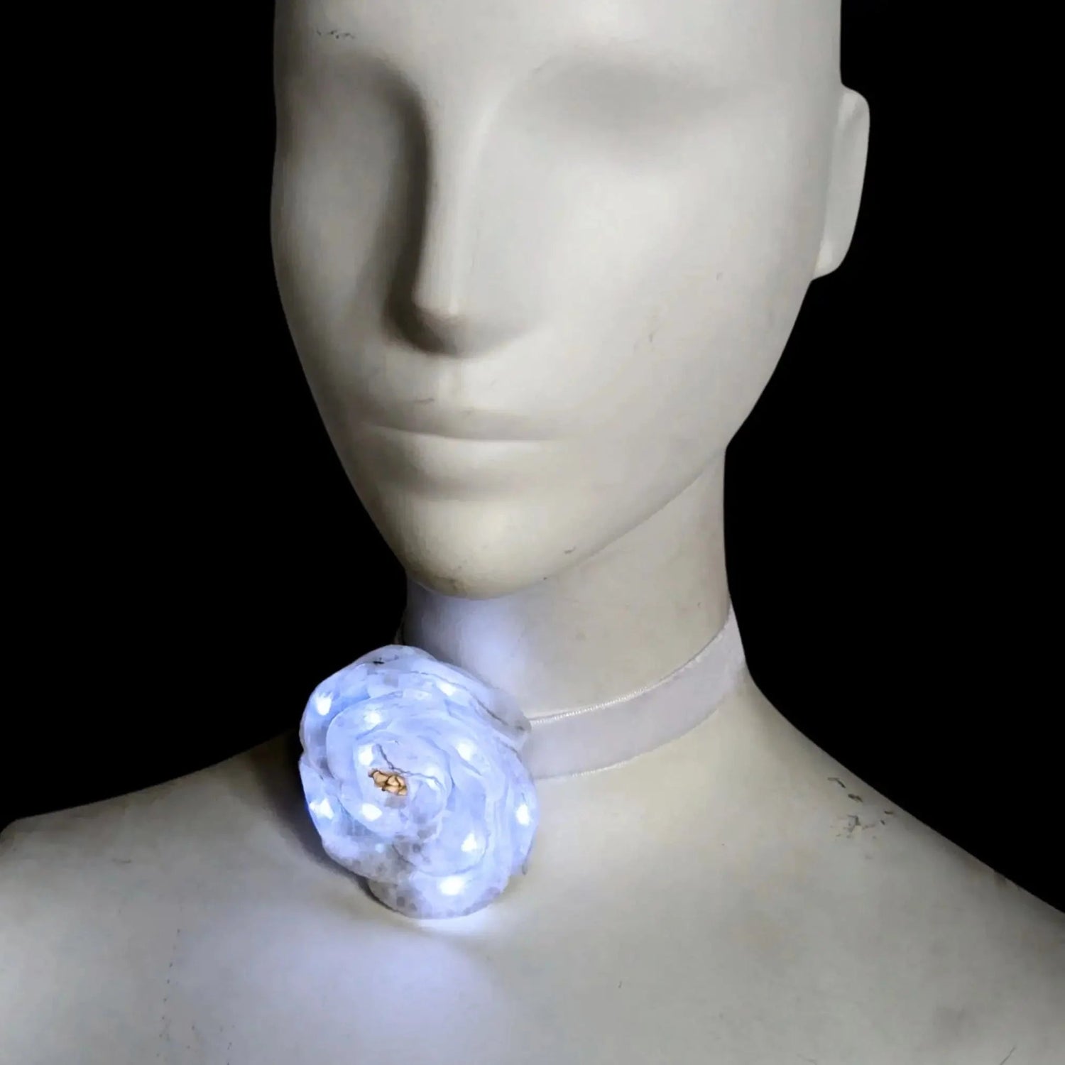 White LED Rose Choker Front View - Light Up Flower on Velvet Band - Cute Floral Necklace Design on Girl for Party, Halloween Costume, Night Event, Special Occassion Accessory