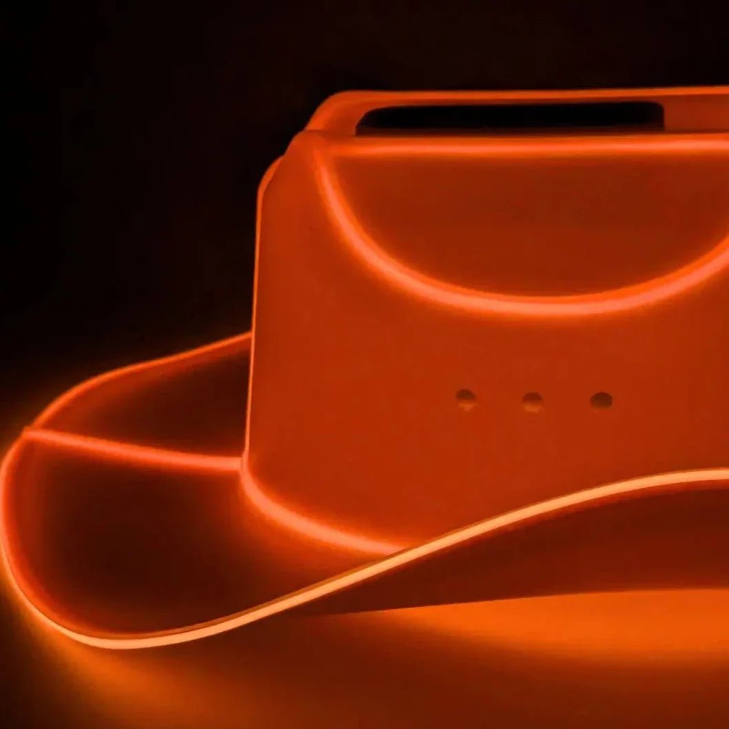 Orange Light Up Neon Cowboys Hat - Detail of LED Glowing Hat - Battery Powered Western Hat for Night Rodeos, Longhorn Events