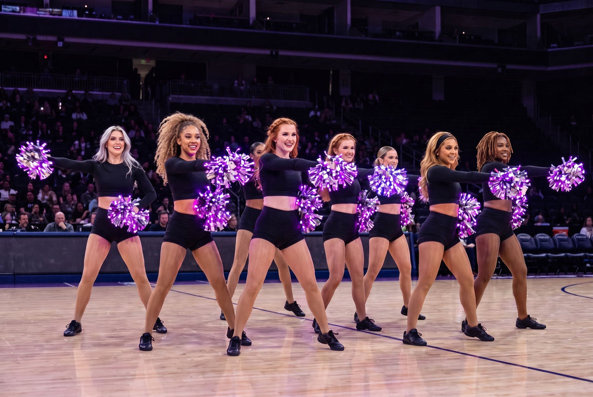 Pro dance team audition prep: eight dancers in black with purple LED pom poms on a dim arena court