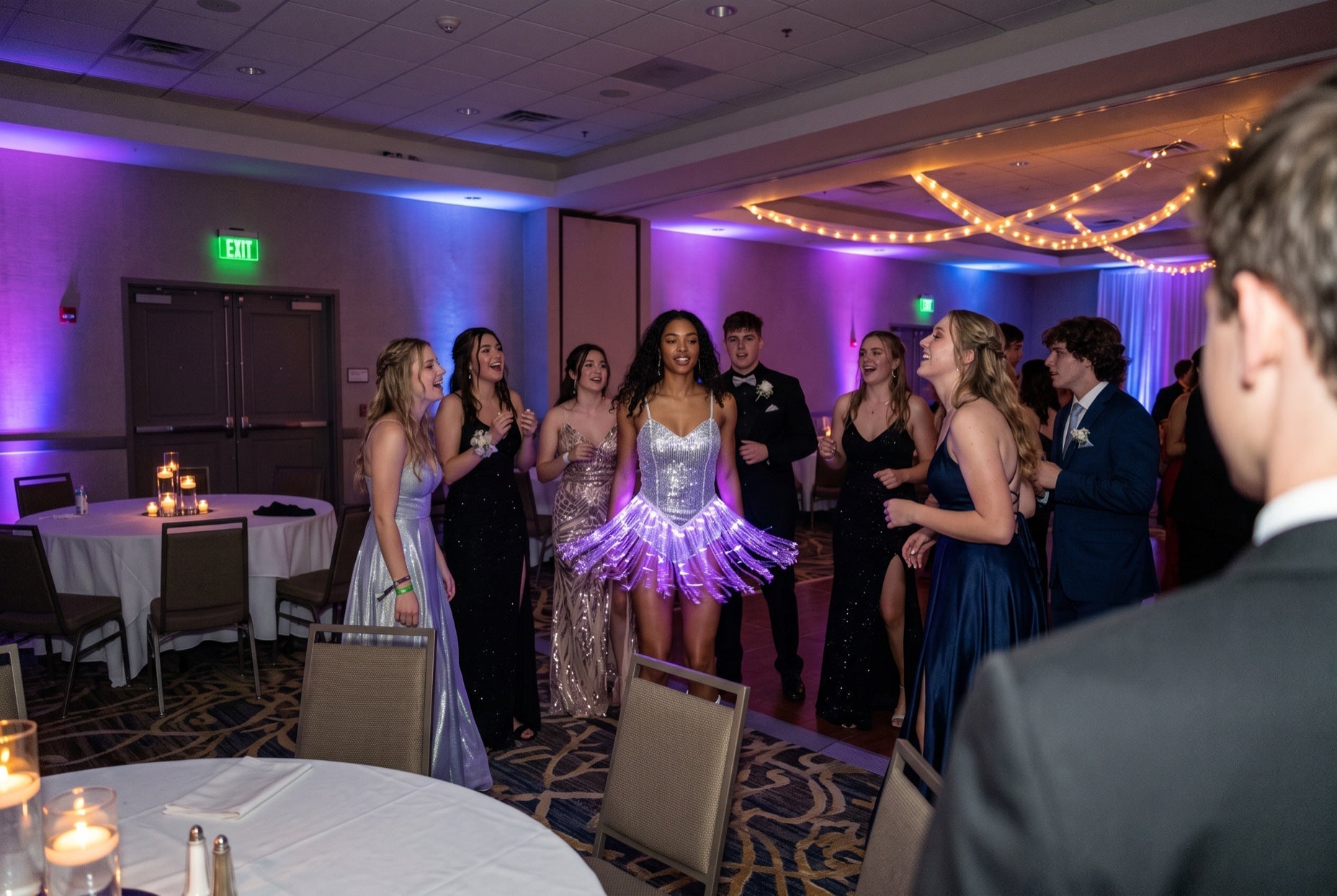 Light up LED fringe dress glowing purple at a prom in a dim hotel ballroom