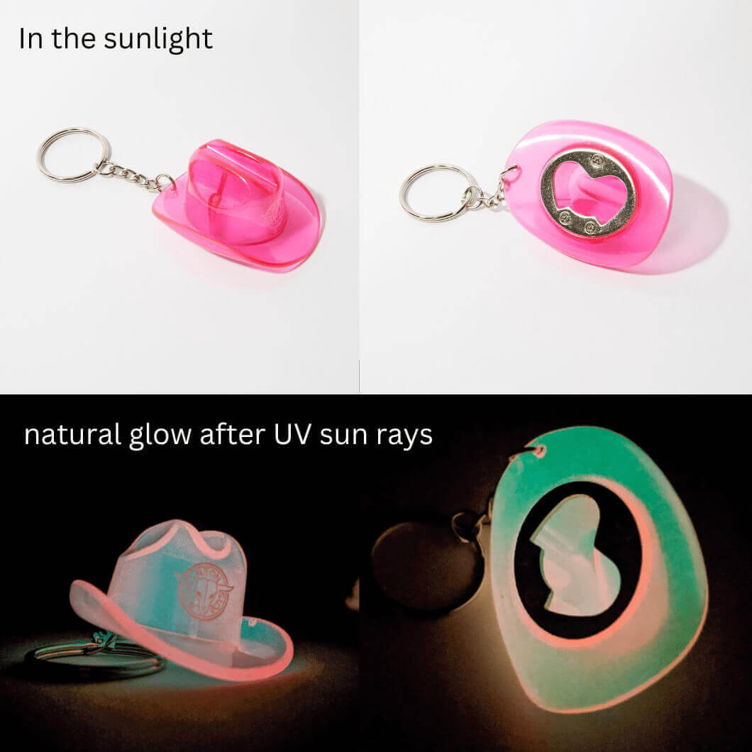 Pink cowboy hat bottle opener keychain showing daylight appearance and glowing effect after UV light exposure for nighttime festivals