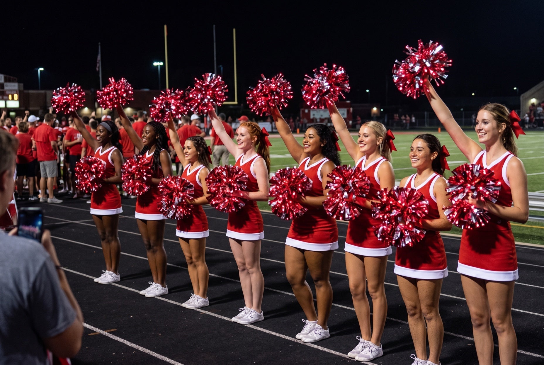 Light up LED red pom poms glowing on a college cheer squad on the track at a night football game