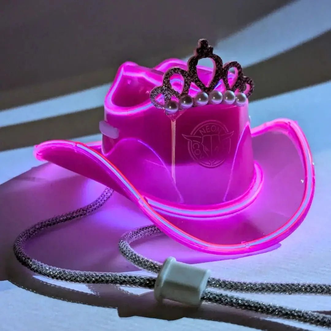 Pink LED Cowboy Hat with Birthday Crown - Space Cowgirl Birthday Bash Accessory - Glowing Western Hat for Bachelorette Parties and College Birthday Girls
