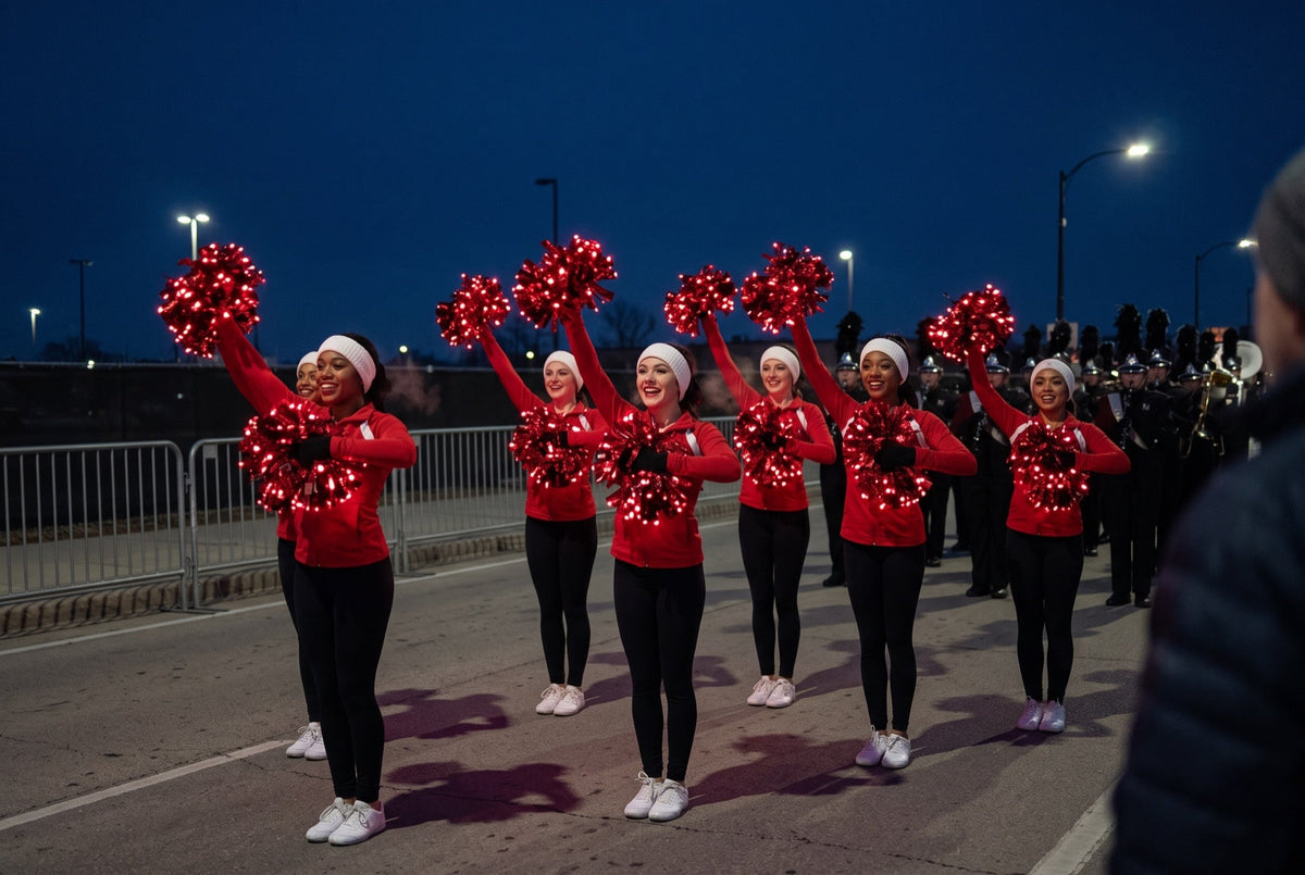 Cheer squad with glowing red LED light-up pom poms at a Thanksgiving morning parade in the pre-dawn dark, band behind
