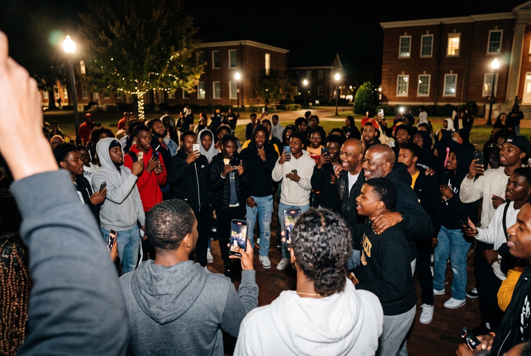 HBCU homecoming outfits on the yard at night, students and alumni gathered for a yard show