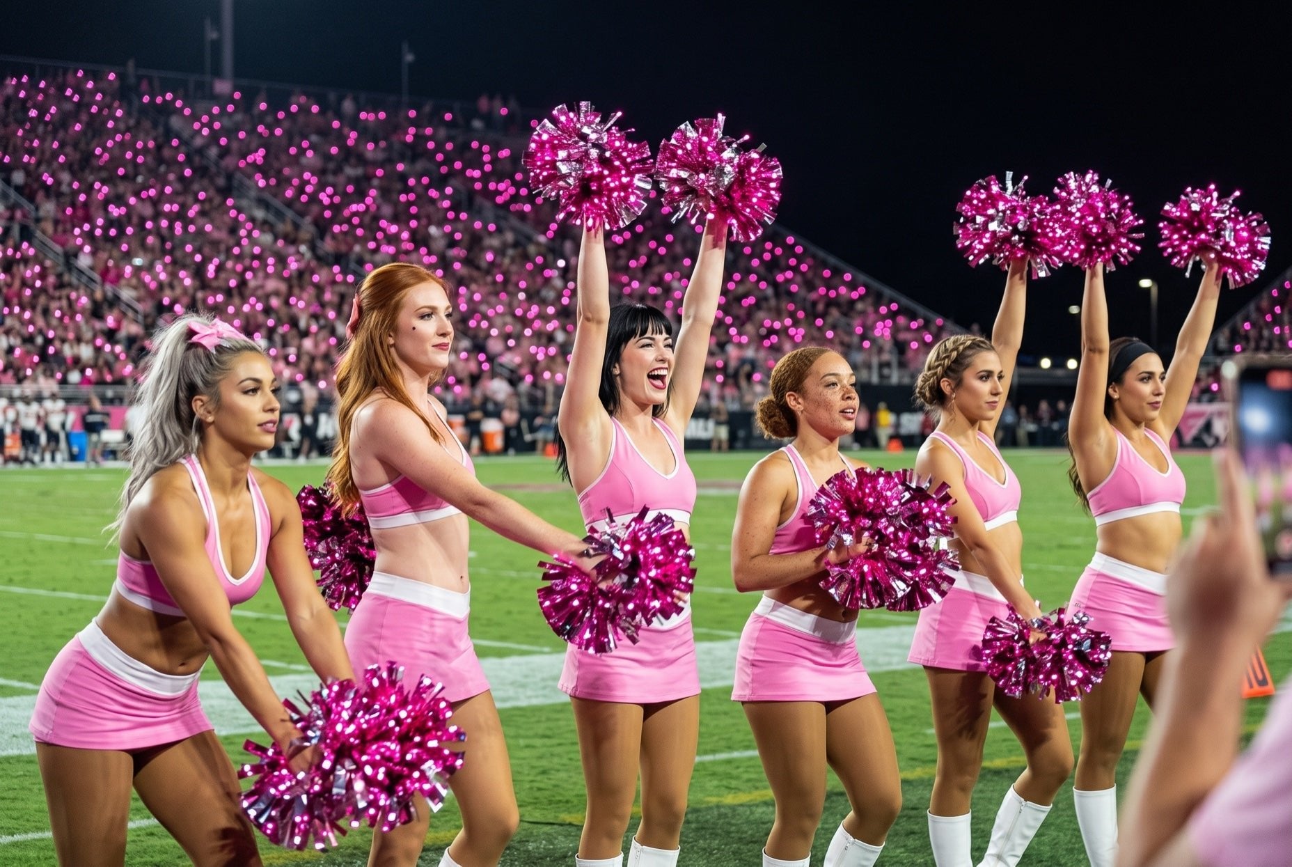 Light up LED pom poms glowing pink on a pro cheer squad on the sideline at a pink theme night stadium game