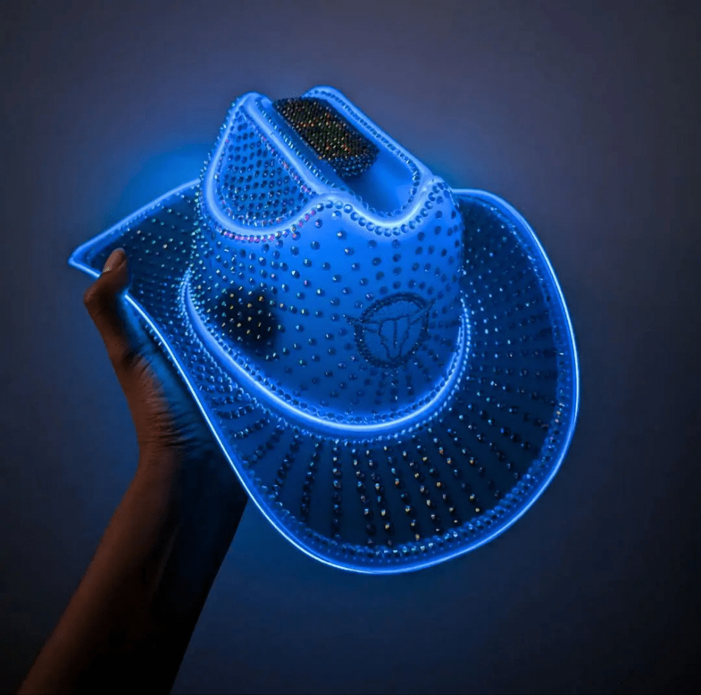 Blue crystal-embellished glowing cowboy hat - Designer party accessory for neon-themed events, DJ performances, livestream content, and dance competitions