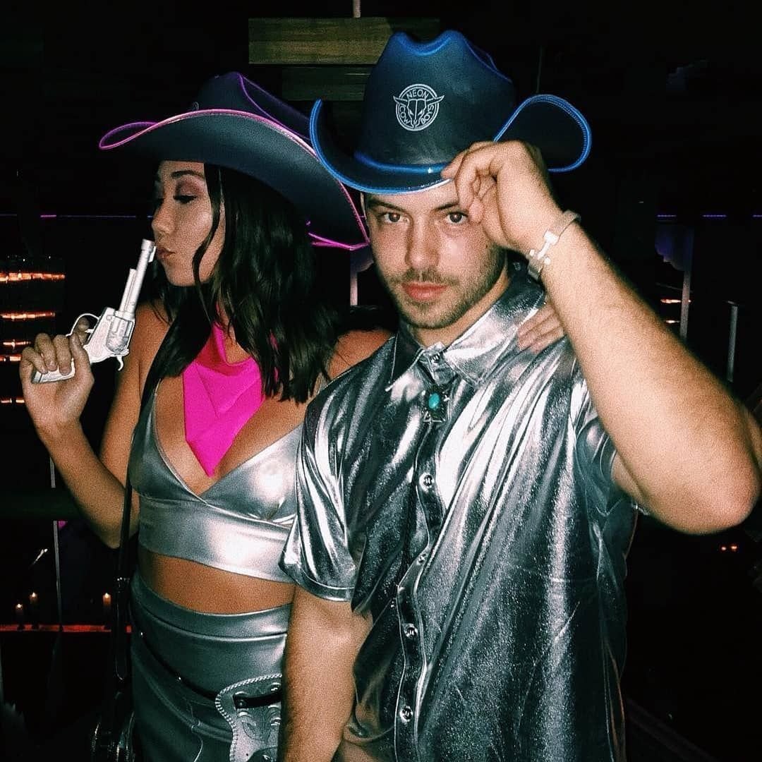 Pink gray silver metallic LED space cowgirl cowboy costume hat 2-pack Halloween matching outfits and party accessories