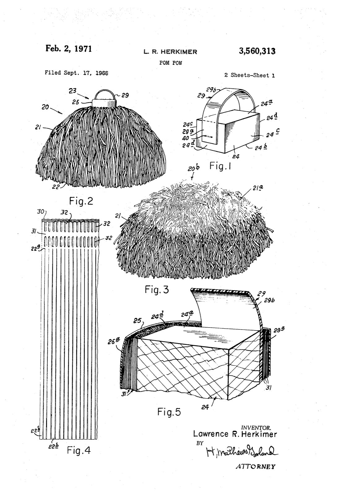 Herkimer 1971 pom pon patent drawing showing the hidden U-shaped handle and finished cheer pom