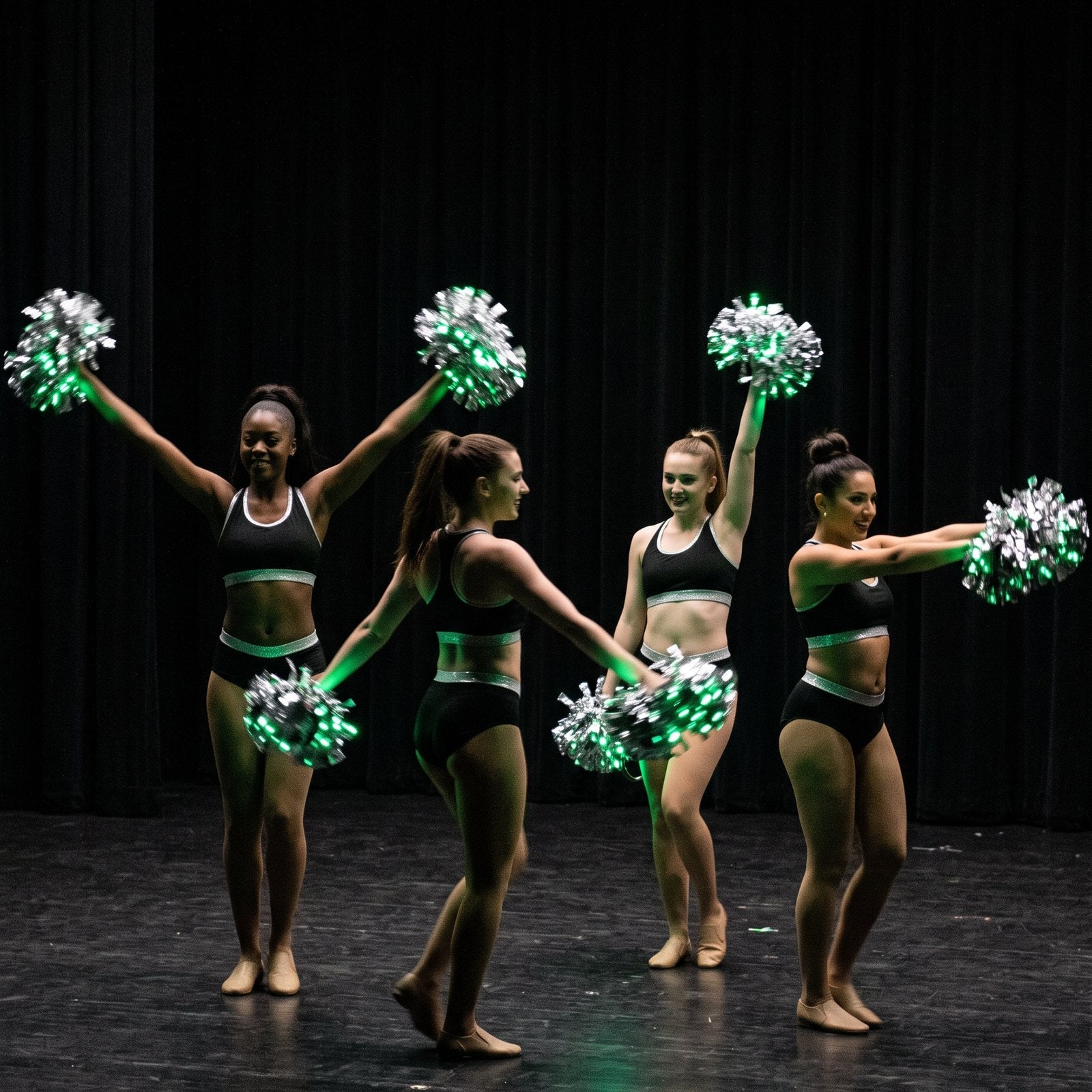 Remote color-changing LED pom poms set to green for a dance team's stage routine