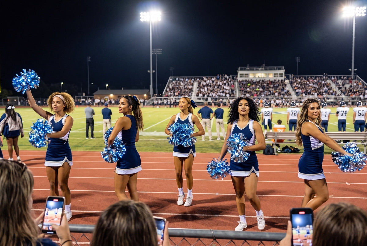 Light up LED pom poms glowing blue on a college cheer squad under stadium floodlights at a night football game