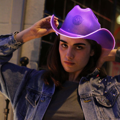 Purple LED neon cowboy hat with lights perfect for Mardi Gras ball celebrations carnival parties and western costume events