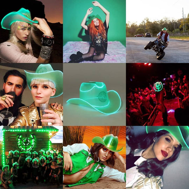 Green cowboy hat glowing perfect with LED lights for cottagecore forest aesthetics nature festivals and western costume fashion