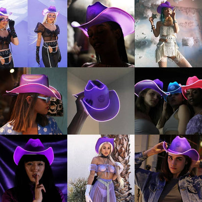 Purple space cowgirl hat with LED lights glowing for bachelorette party planning group celebrations and western costume outfits