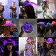 Purple space cowgirl hat with LED lights glowing for bachelorette party planning group celebrations and western costume outfits