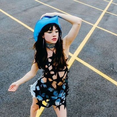 Blue LED cowgirl hat glowing bright for rooftop party celebrations city events and western costume fashion outfits