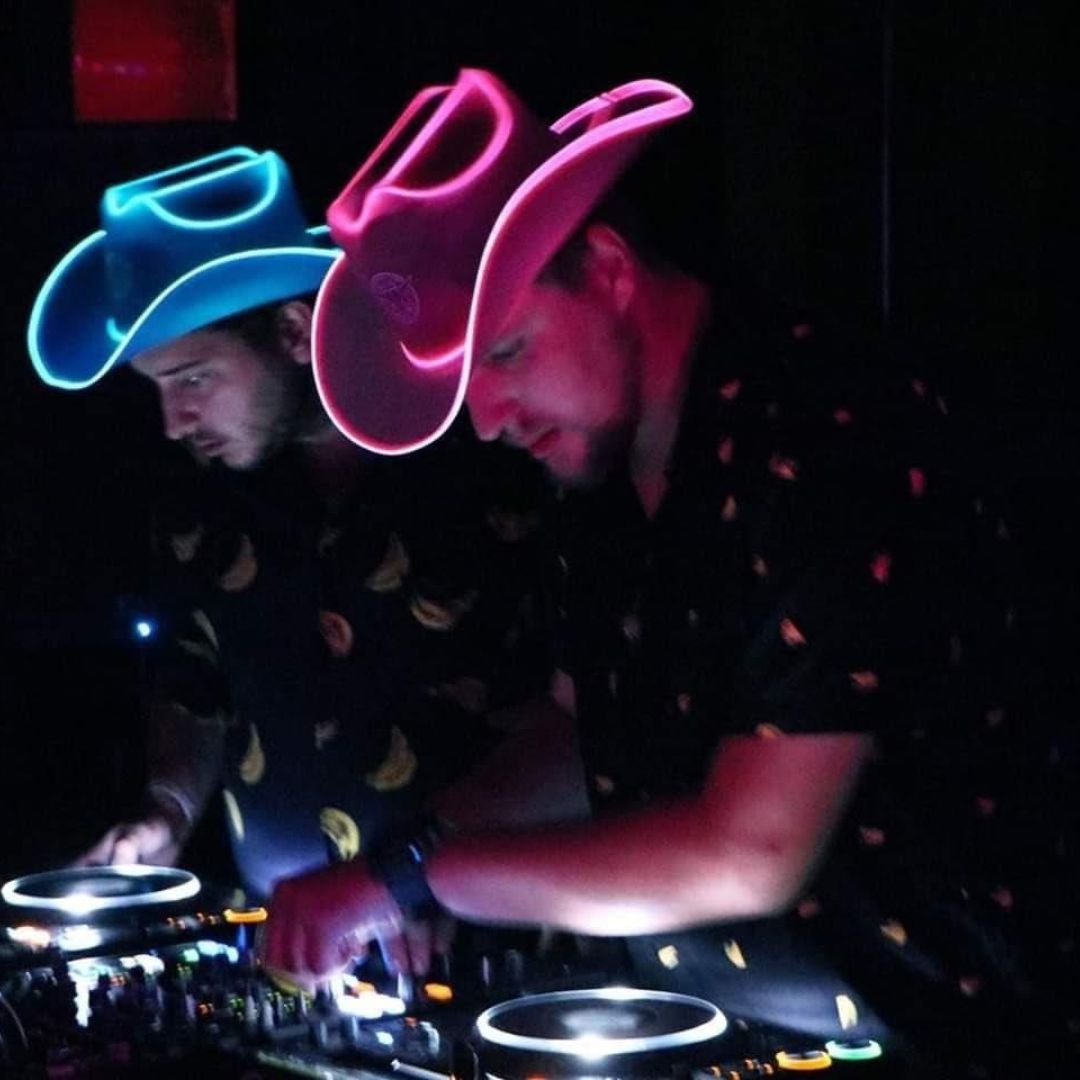 White pink LED cowboy hats perfect for male DJ friends electronic music parties nightclub events and matching party accessories