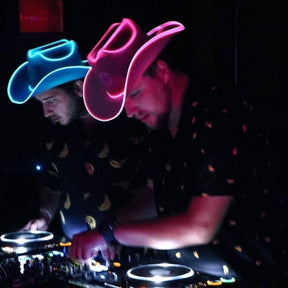 White pink LED cowboy hats perfect for male DJ friends electronic music parties nightclub events and matching party accessories