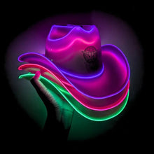 Multi-colored LED cowboy hat collection - Vibrant light-up headwear in pink, green, and purple for music festivals, country concerts, rodeos, western-themed parties, and nightclub events