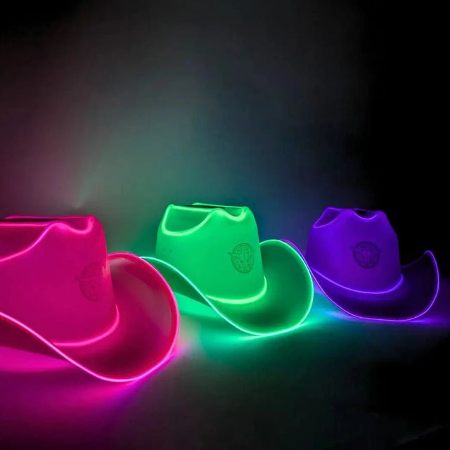 Collection of LED cowboy hats in multiple colors - Assorted illuminated western headwear styles for group costumes, family reunions, corporate events, theme parks, and party favor packages