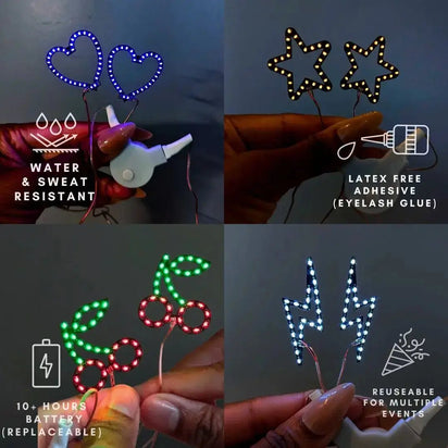 Features diagram showing waterproof and battery features - Technical information about LED face stickers with application instructions for pool parties, rain-or-shine events, beach bonfires, and water park celebrations