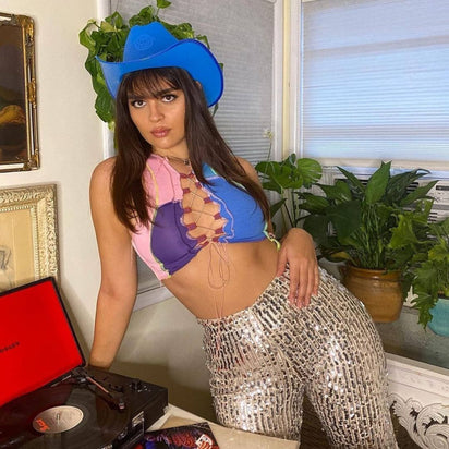 Blue LED neon cowgirl hat glowing perfect for concert performance stages music festival fashion and western costume outfits