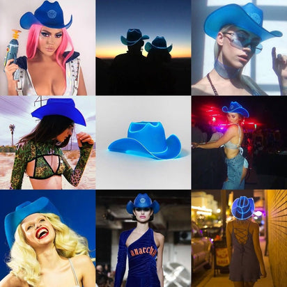 Blue neon cowgirl hat glowing perfect for festival fashion photoshoot styling electronic dance events and western costume outfits