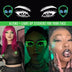 Alien LED face stickers promotional display - Green extraterrestrial-themed illuminated facial jewelry for sci-fi conventions, space-themed parties, alien costume contests, and futuristic events