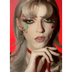 Model with cherry LED face stickers and matching red accessories - Illuminated fruit-shaped facial jewelry for retro fashion, Harajuku style, cosplay events, and vintage-inspired photoshoots