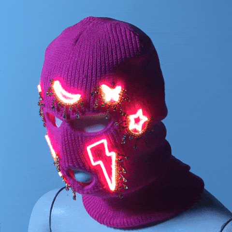 Purple LED balaclava with lightning bolt design - Glowing face mask for techno parties, winter sports, electronic music events, and dystopian fashion statements