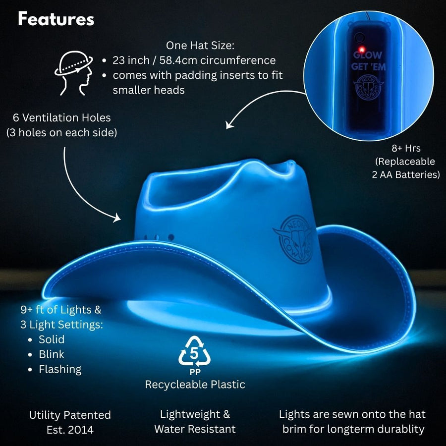 Chapéu de cowboy neon LED azul