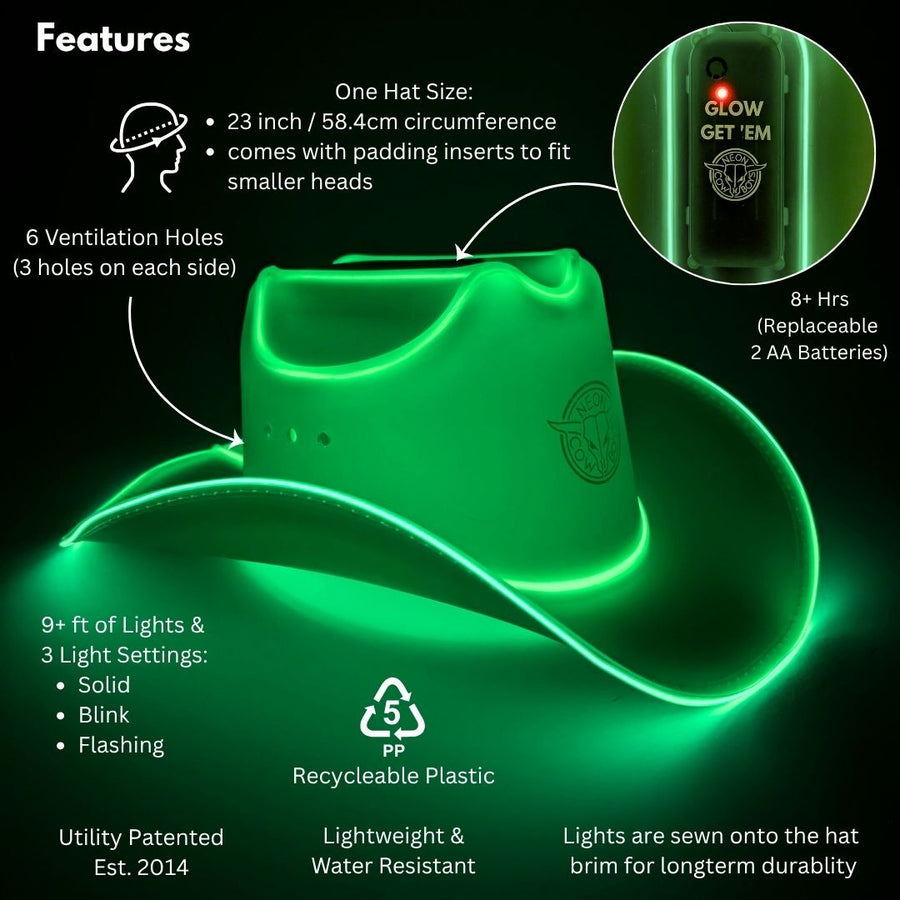 Chapéu de cowboy neon LED verde