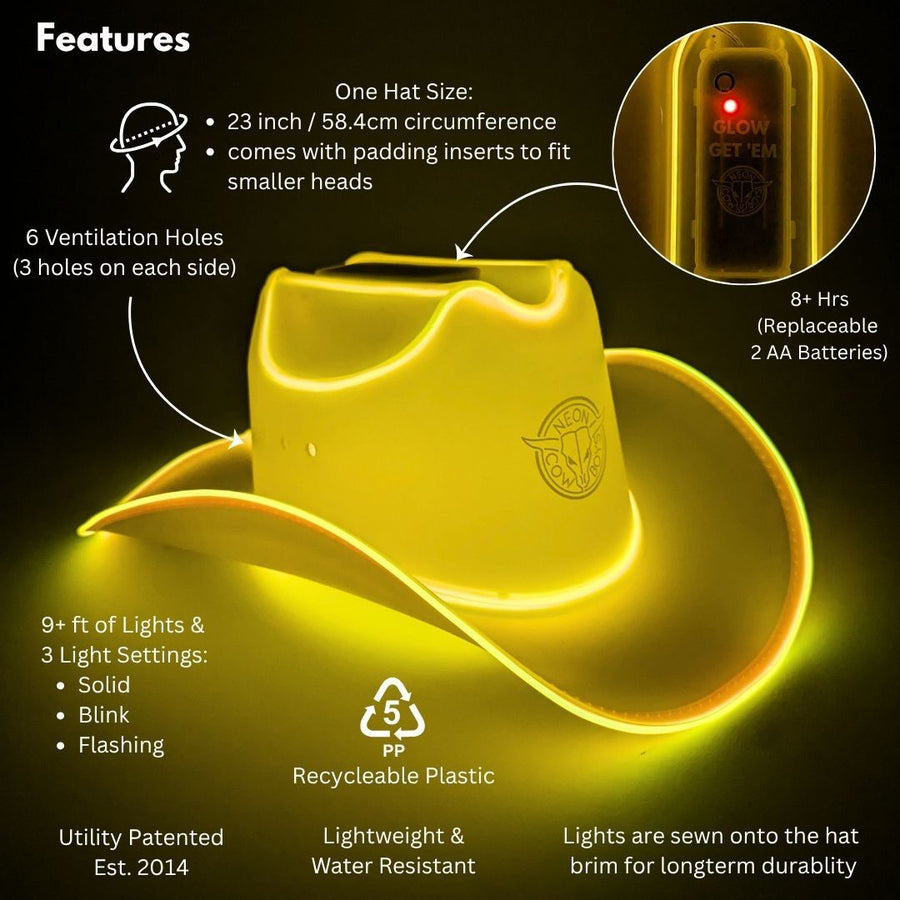 Chapéu de cowboy neon LED amarelo
