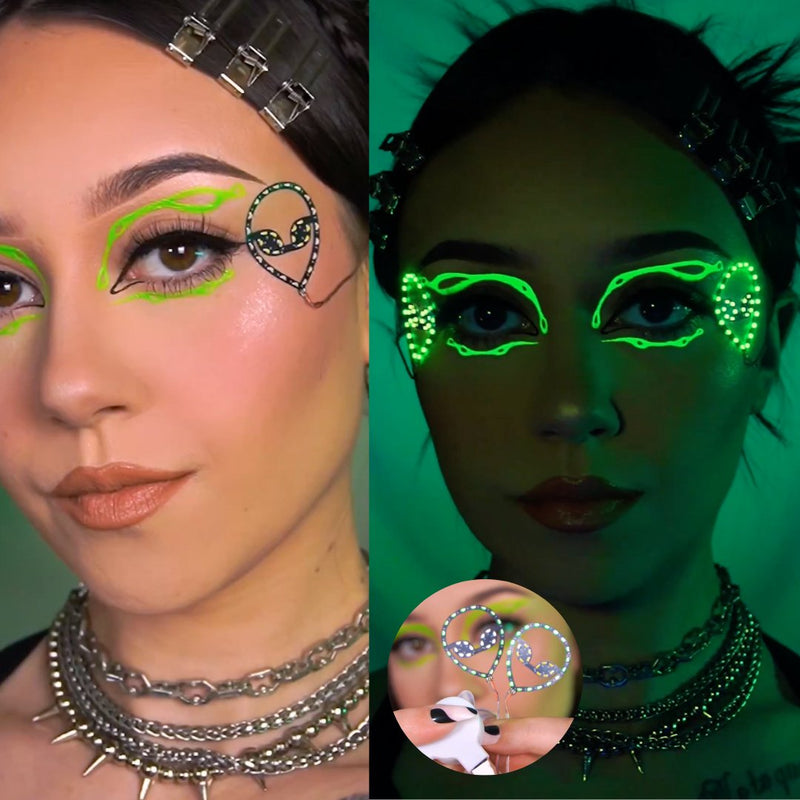 Split before and after of a woman wearing green alien LED face stickers glowing under the eyes in normal and UV lighting, versatile glowing led face jewelry and festival makeup for sci-fi conventions, club nights and Halloween parties, Neon Cowboys