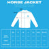 Size chart showing dimensions for unisex animated horse jacket with measurements from XS to XXL perfect for male and female space cowboy costumes