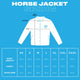 Size chart showing dimensions for unisex animated horse jacket with measurements from XS to XXL perfect for male and female space cowboy costumes