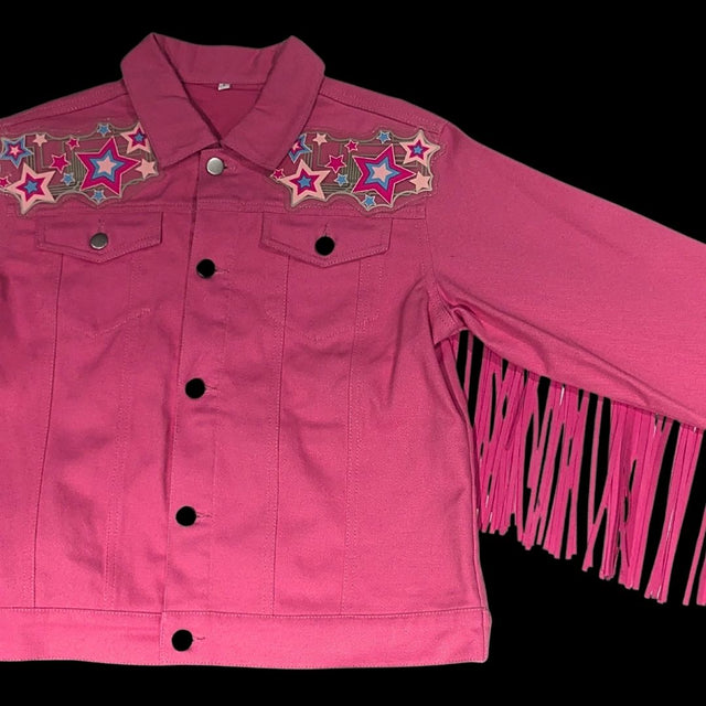 Animated Starlight Jacket with Fringe, front flat-lay of the pink denim fringe jacket with LED star shoulder patches and fringed sleeve, an led fringe jacket and light up jacket for go-go dancers and festival dancers at raves, Coachella and music festivals, Neon Cowboys
