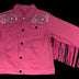 Animated Starlight Jacket with Fringe, front flat-lay of the pink denim fringe jacket with LED star shoulder patches and fringed sleeve, an led fringe jacket and light up jacket for go-go dancers and festival dancers at raves, Coachella and music festivals, Neon Cowboys