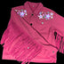 Animated Starlight Jacket with Fringe, flat-lay of a pink denim fringe jacket with LED light-up star patches on the shoulders, an led fringe jacket and light up jacket for festival dancers and drag performers, ideal for raves, Coachella and music festivals, Neon Cowboys
