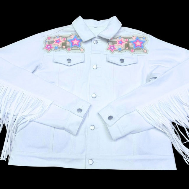 Animated Starlight Jacket with Fringe, front flat-lay of the white denim fringe jacket with pink and blue LED light-up star patches on the shoulders, an led fringe jacket and light up jacket stagewear for rave performers, raves, EDM concerts and Pride, Neon Cowboys