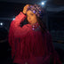 Animated Starlight Jacket with Fringe, back view of a pink fringe jacket with glowing LED stars and a light-up bandana headwrap outdoors at night, an led costume and light up jacket for burlesque performers, raves, Coachella and Pride, Neon Cowboys