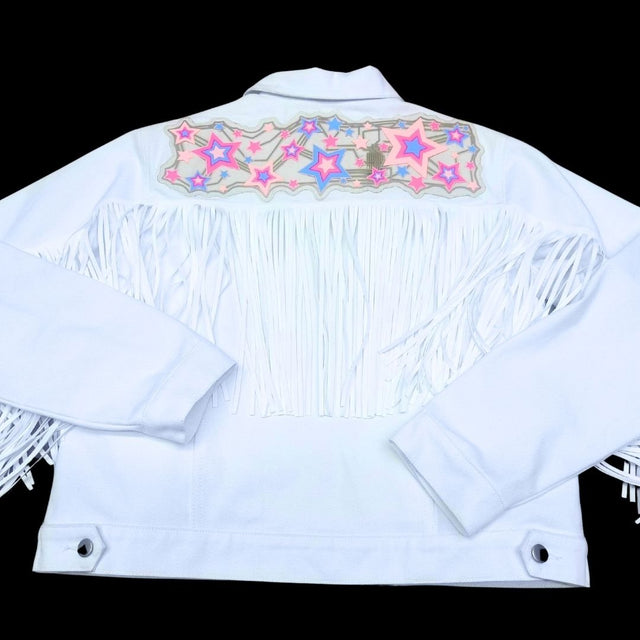 Animated Starlight Jacket with Fringe, back flat-lay of the white fringe jacket with pink and blue LED light-up stars across the yoke, an led costume and light up jacket for go-go dancers and drag performers at raves, Coachella and festivals, Neon Cowboys