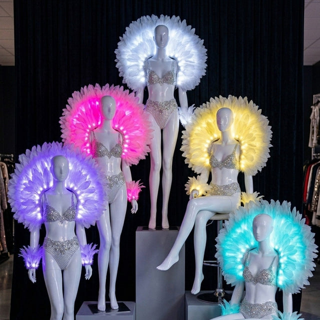 Aura LED feather back piece and matching arm cuffs shown on mannequins in five colors