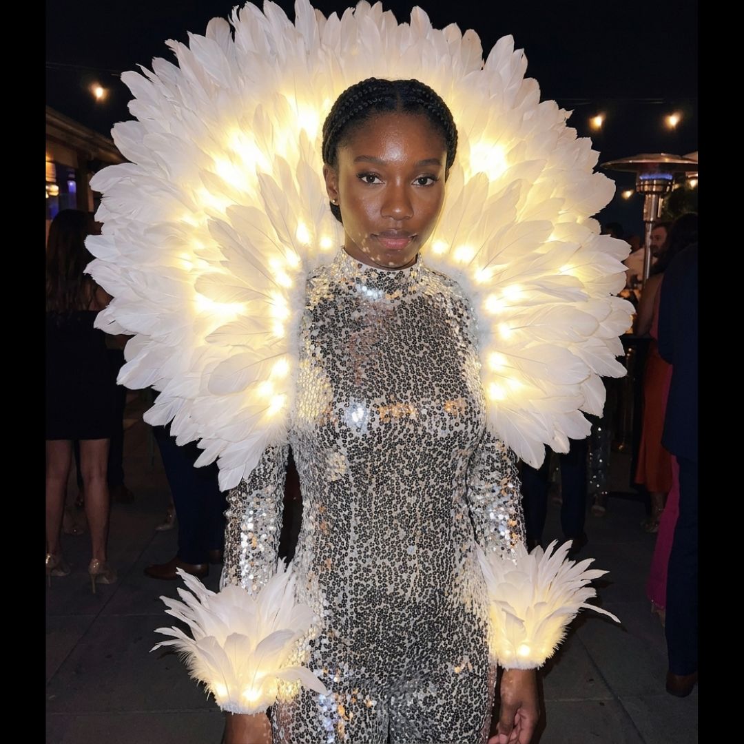 Woman wearing a glowing LED feather aura back piece with matching light-up feather arm cuffs over a silver sequin outfit at an elegant evening event — an illuminated feather halo and elegant light-up accessory for performers, showgirls, galas, festivals, burlesque, circus and stage and event entertainers.